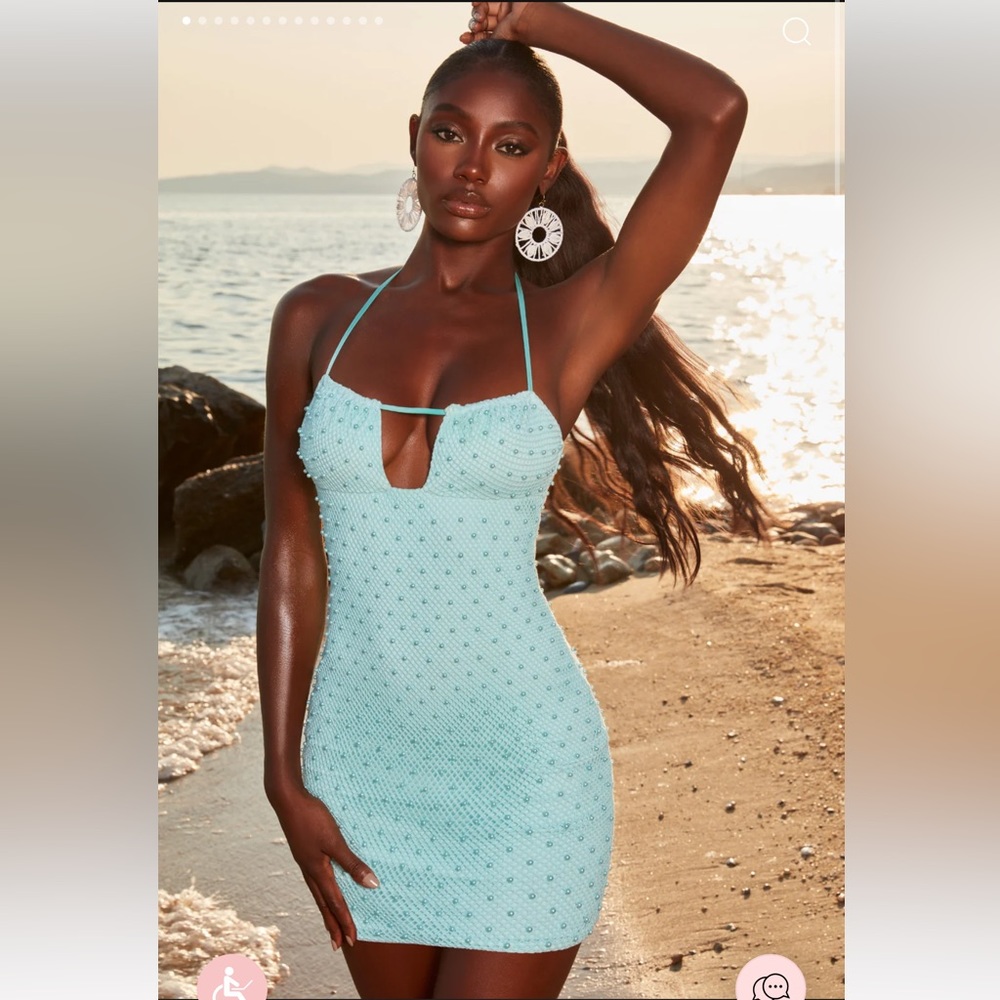 Oh Polly Beaded Crochet Mini Dress in Aqua